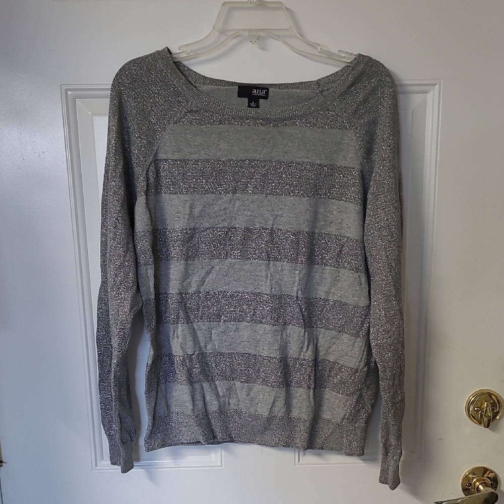 a.n.a Gray and Silver Striped Crewneck Sweater